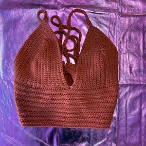 Terra cotta crochet tie back halter crop top